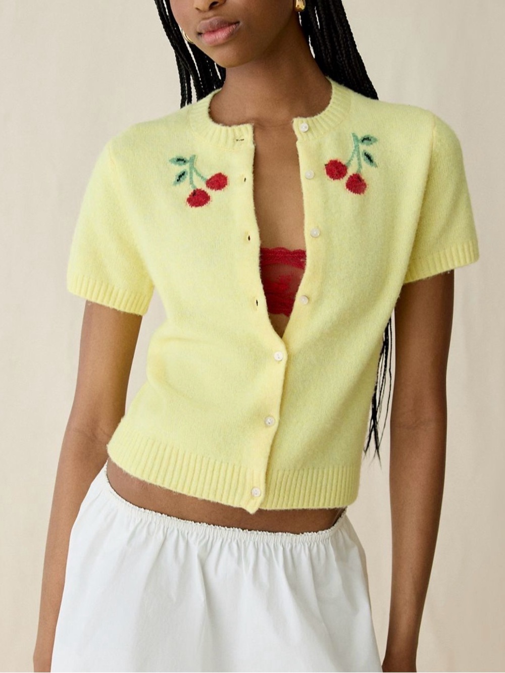 Urban Outfitters Short-Sleeve Cherry Embroidered Cardigan Sweater